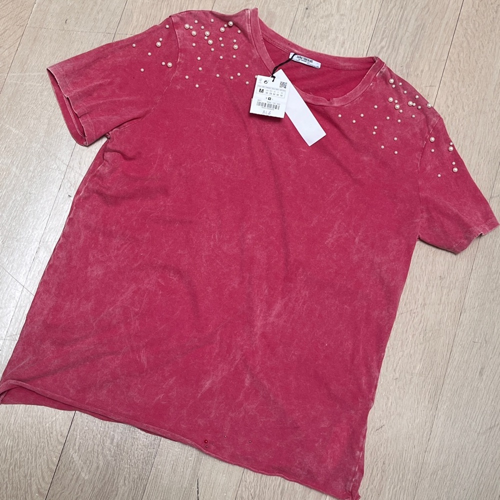 New Zara pearl distressed T shirt - Picture 3 of 6